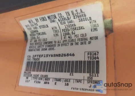 1995 Ford F150 z USA, uszkodzony, nr VIN 1FTEF15Y6SNB26846